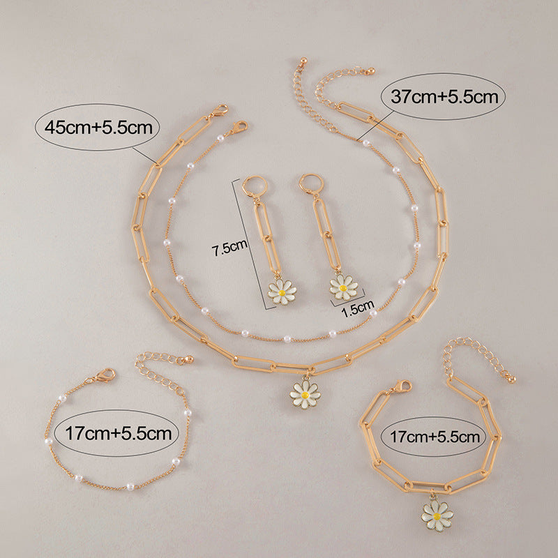 Pearls Daisy Flower Bracelet Earring Necklace Jewelry Set