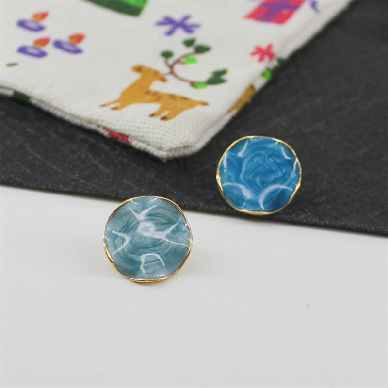 Blue Enamel Round Stud Earrings