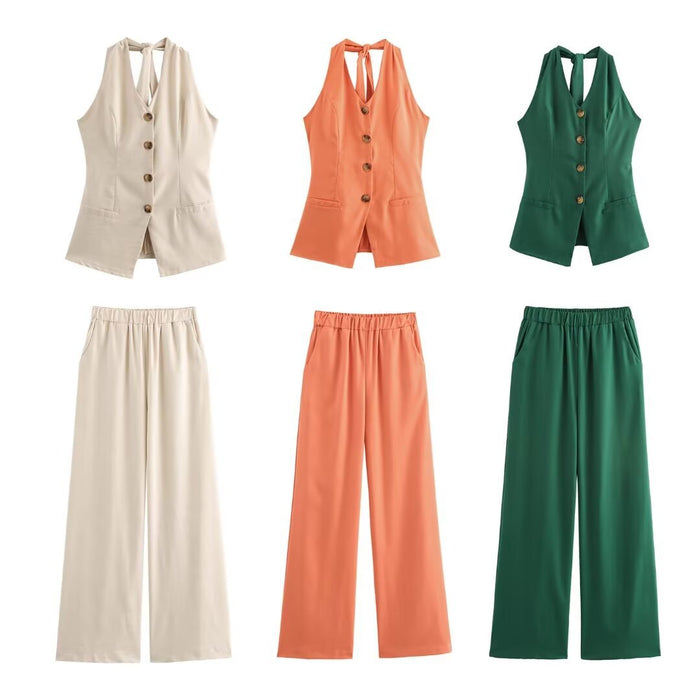 Women's Linen Halter Lace-up Top Vest Elastic Waist Wide Leg Trousers Suit