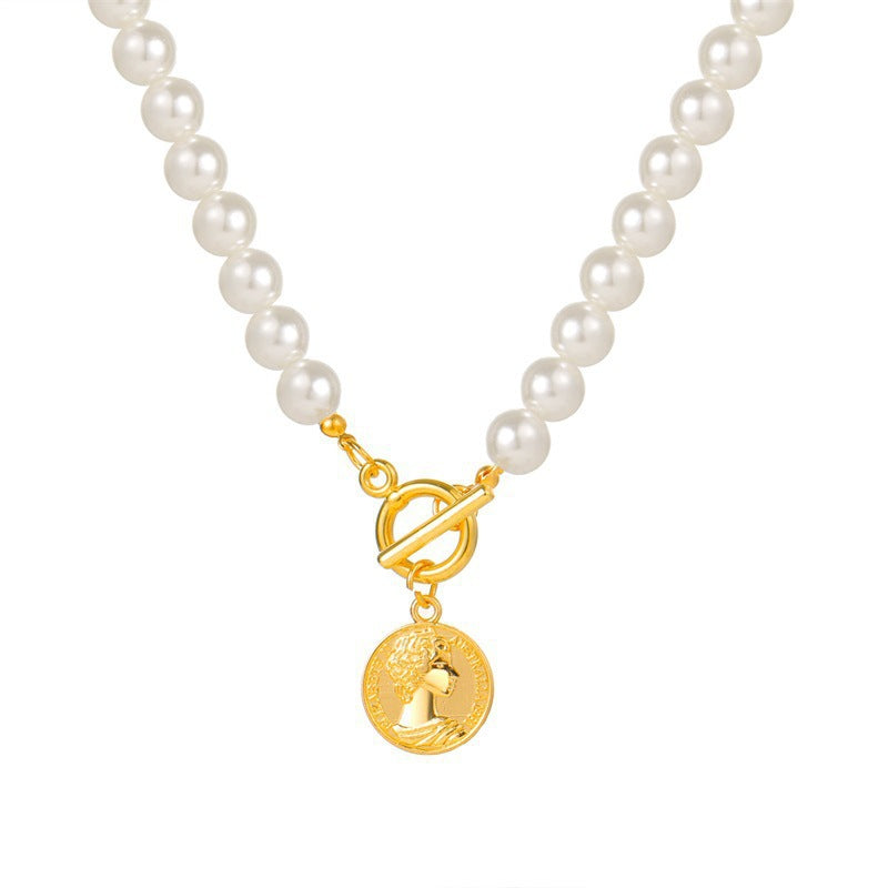 OT Clasp Lock Pearl Pendant Necklaces Gold Coin Charms