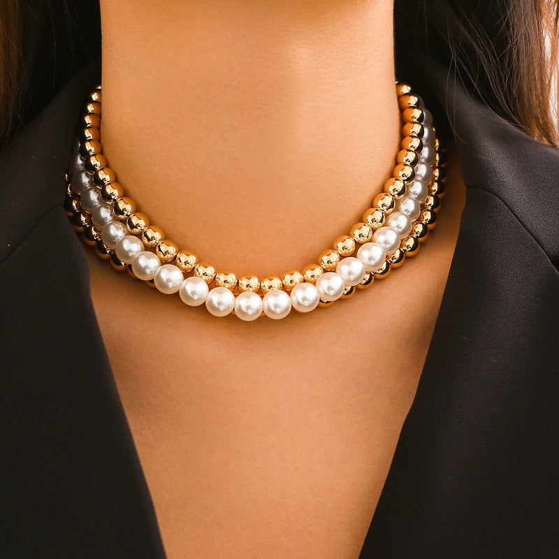 Beaded Pearl Necklace Imitation Pearl Multi-layer Necklace for Women