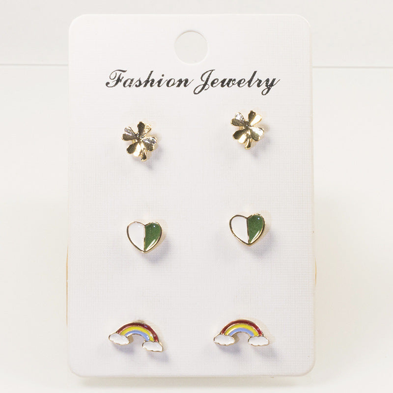 Rainbow clover love stud earrings set