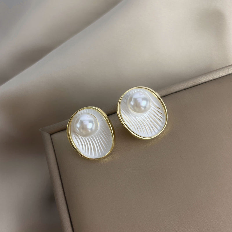 White Shell Pearl Stud Earrings for Women