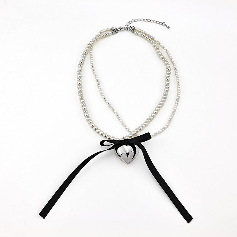 Vintage Love Charm Double Layer Pearl Choker Necklace Ribbon Bow