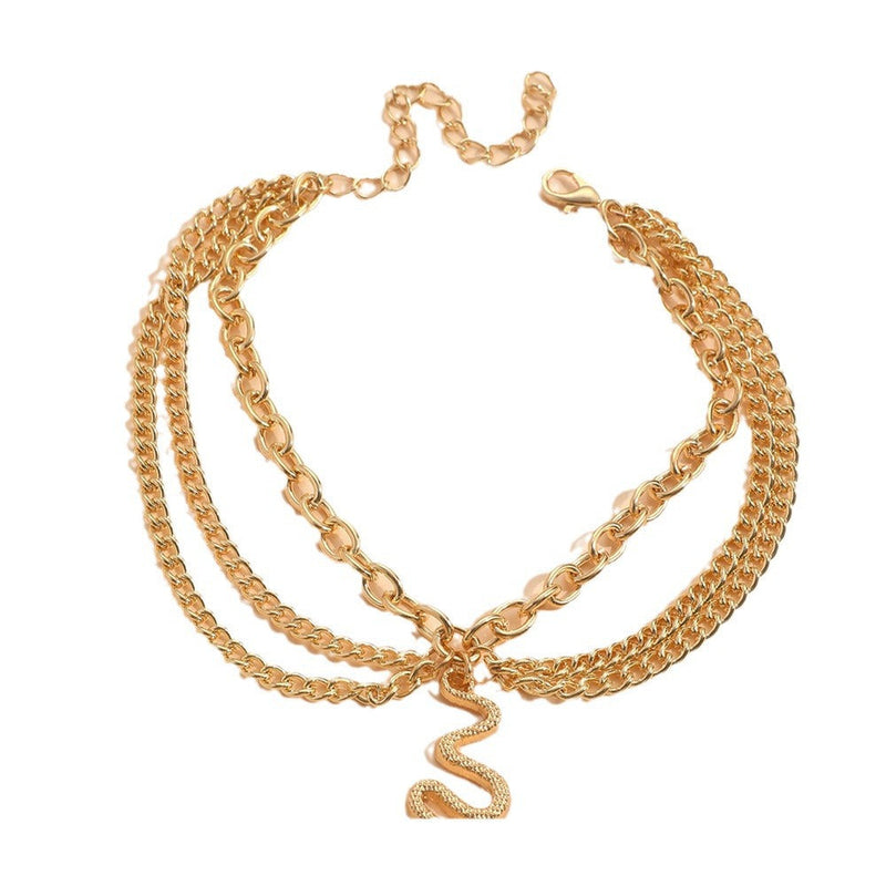 Feet Tassel Snake Pendant Triple Three Layers Chain Anklet Jewelry