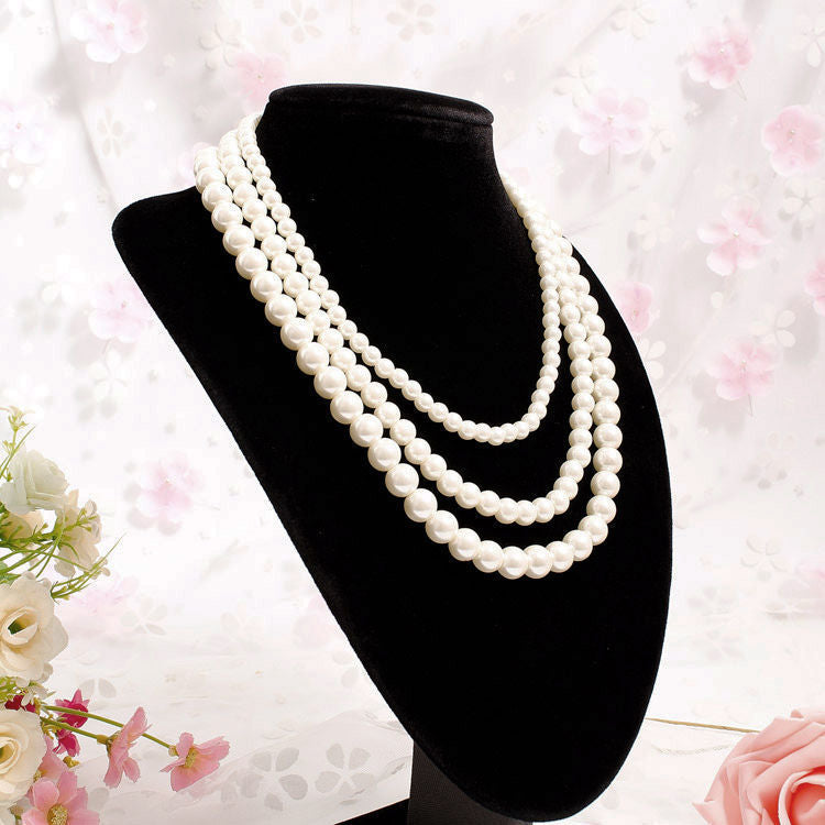Multi Layer Nature Round Pearl Beaded Necklace Banquet Party Jewelry