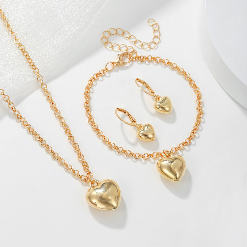 Women Heart Pendant Necklace Earring Bracelet Set