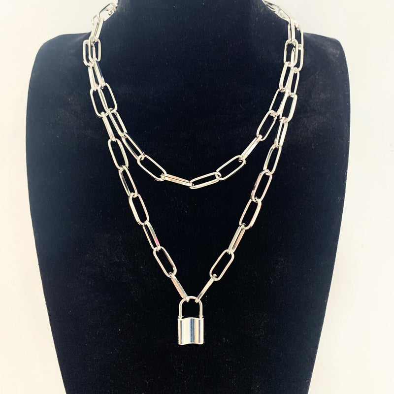 Punk Double Layer Lock Chain Necklace Padlock Pendant for Women