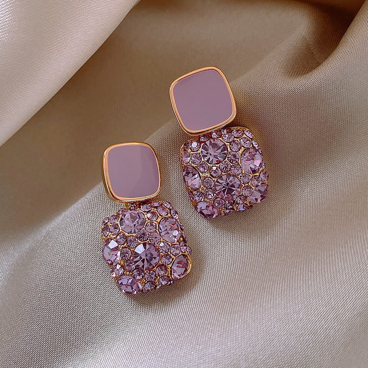 Purple Square Crystal Rhinestone Earrings