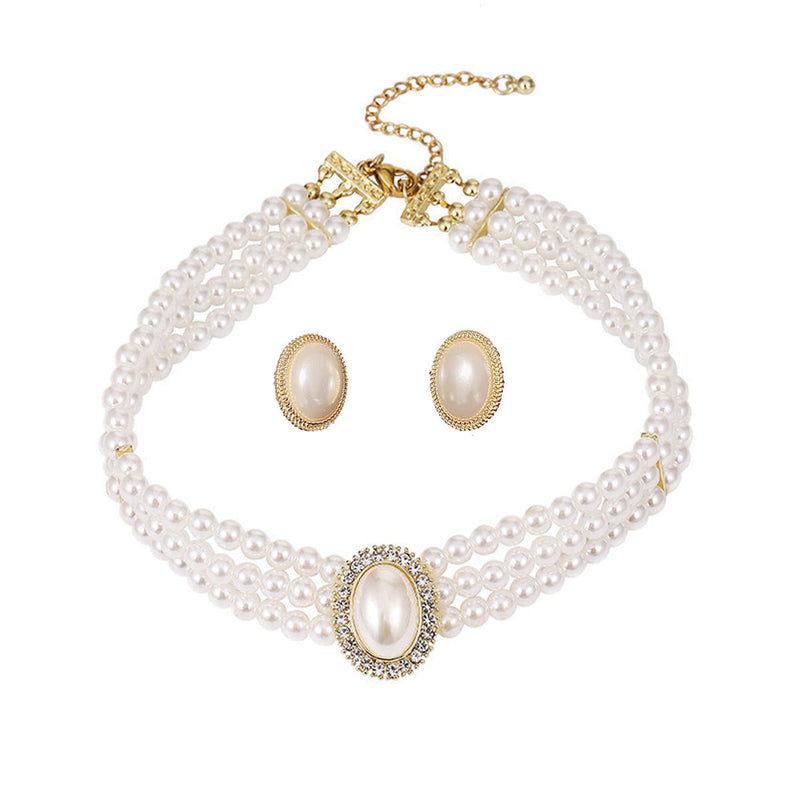 Layers White Pearl Bib Statement Necklace Earring Set