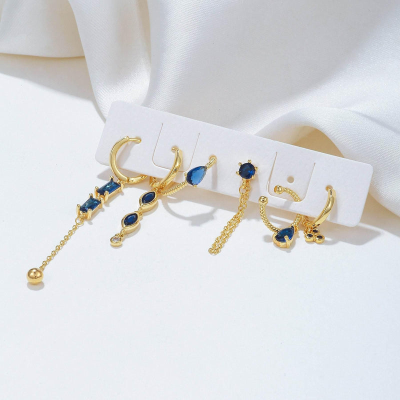 Stacking 6 Pieces Long Tassel Vintage Earring Set with Micro-Pavé Dazzling Blue Zircons, 18k Gold Plated Ear Studs & Ear Drops, S925 Needle, Stacked Lobe Designs with Dazzling Zirconia
