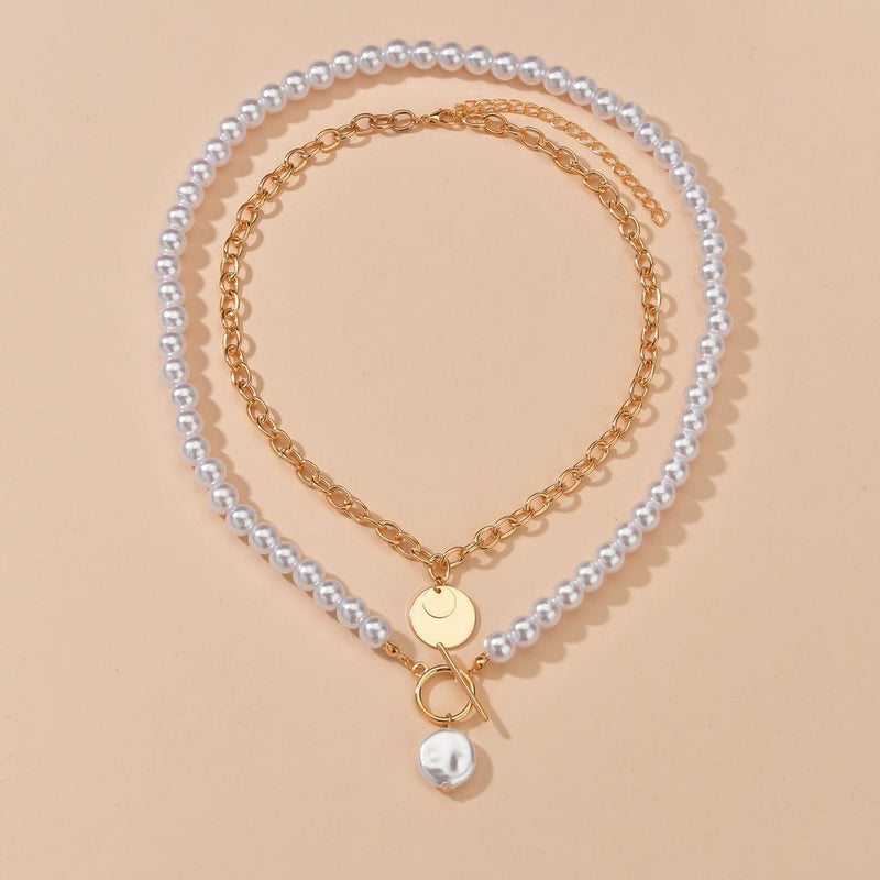 Double Layers Baroque Pearl Necklace Vintage Coin Pendant