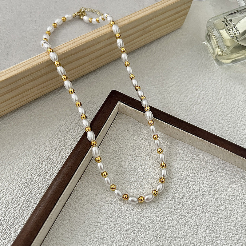 Women White Pearl Beaded Choker Necklace Lady Oval Necklaces