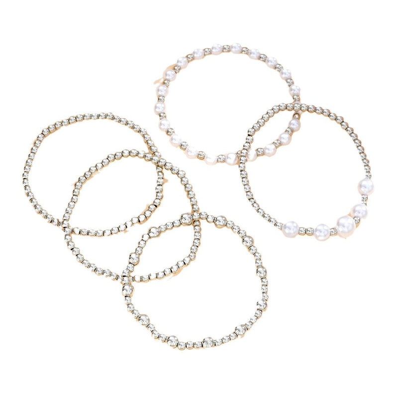 Imitation Pearl Metallic Round Beads Bracelet Set