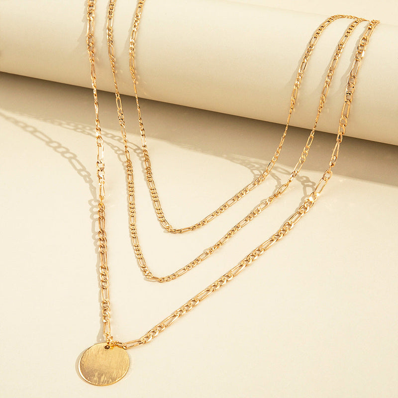 Vintage Layered Choker Necklace Geometric Round Pendant Necklace