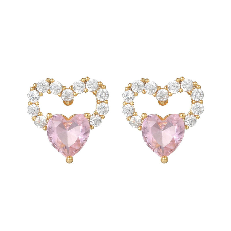 16 Pairs Pink Heart Stud Hoop Huggies Drop Earrings Set, 18K Gold Plated Stacking CZ & Pearl Designs, Planet Snowflake Moon Star | Cubic Zirconia