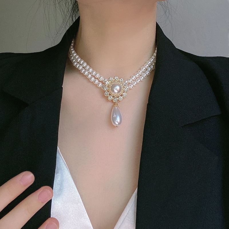 Vintage Courtly Double Pearl Clavicle Chain Necklace