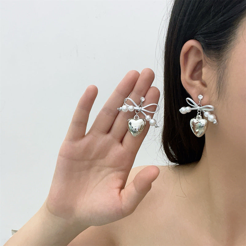 Heart Pendant White Imitation Pearl Bow Ribbon Choker Necklace for Women