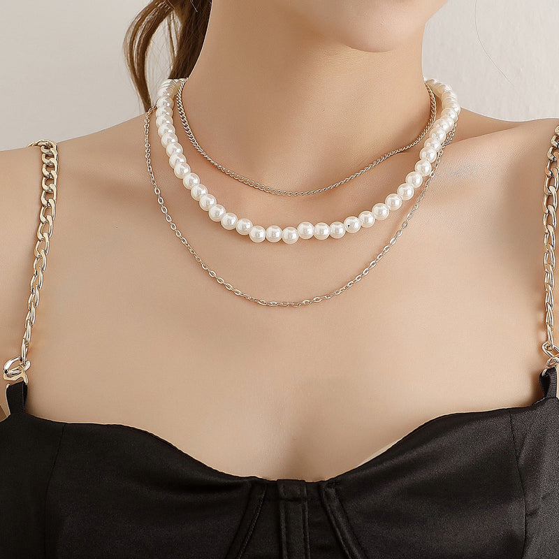 Layer Pearl Chain Choker Necklace Vintage