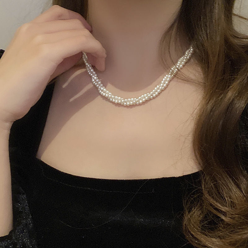 Multi layers women choker Pearl Necklace Round Twisted