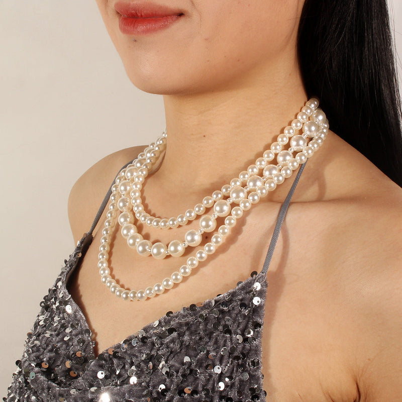 Vintage Handmade Layer Pearl Beaded Choker Necklace Jewelry Set