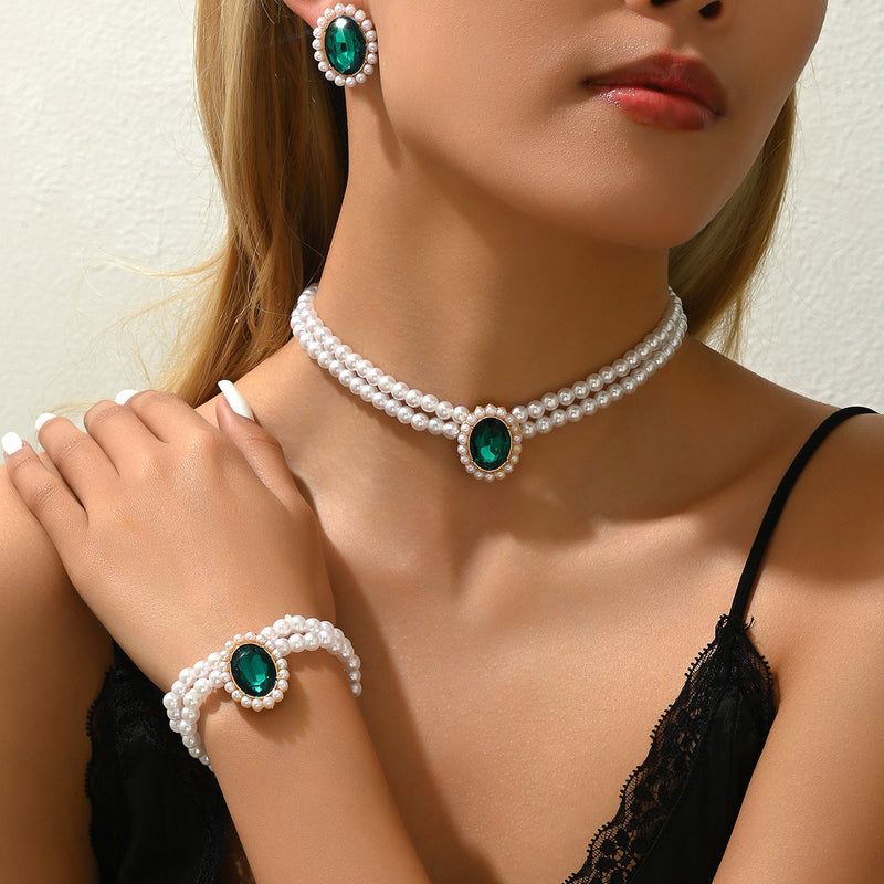 Multi Layer Pearl Chain Choker Necklace Bracelet Earring Set