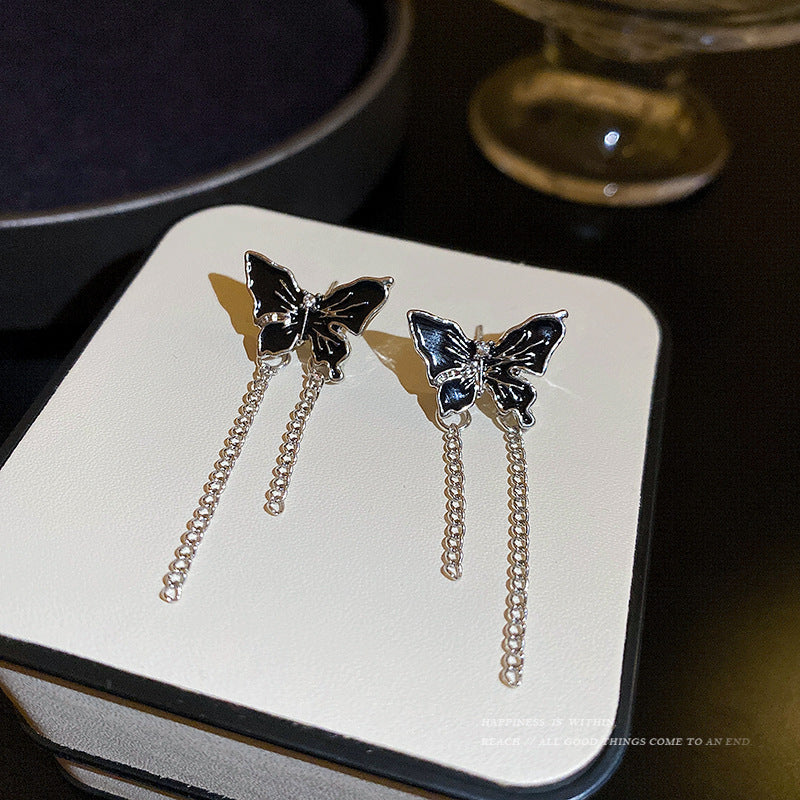 Black Enamel Butterfly Tassel Earrings