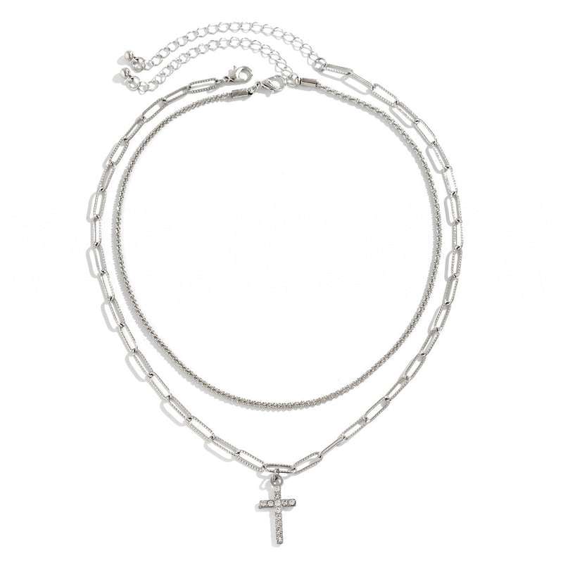 Retro Rhinestone Cross Pendant Multi-layer Chain Necklace Jewelry
