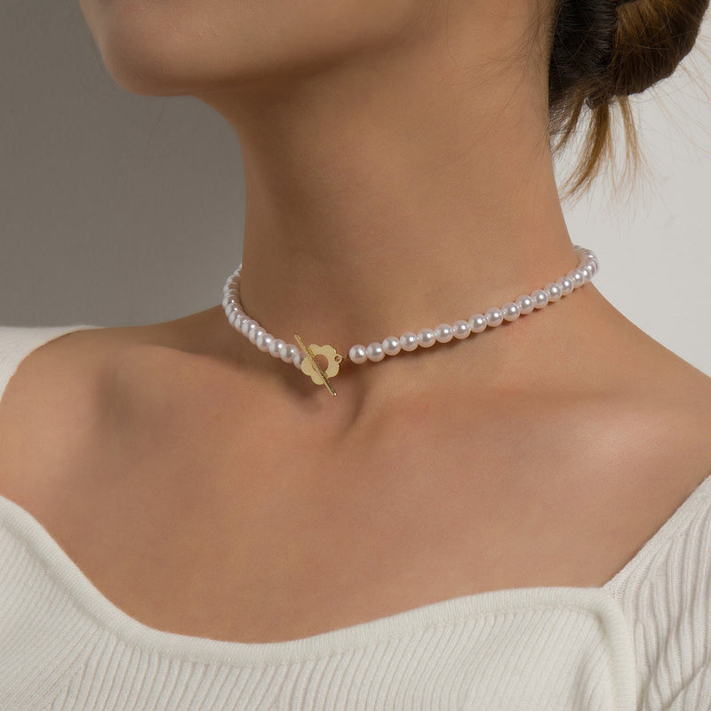 Bohemian Style OT Buckle Flower Shape Pearl Choker Necklace