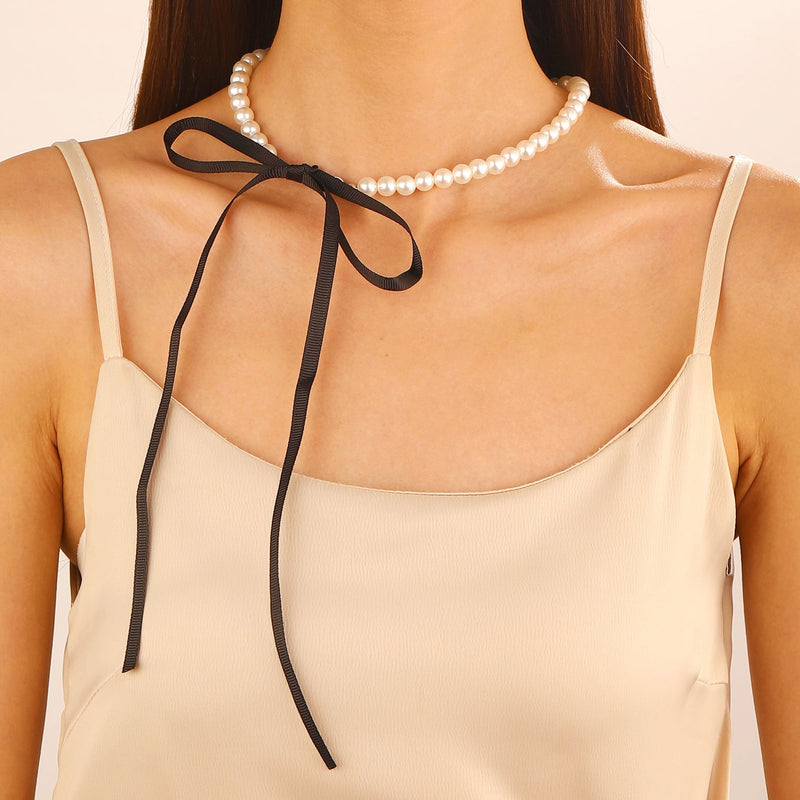 Women Jewelry Long Black Velvet Ribbon Bow Pearl Necklace