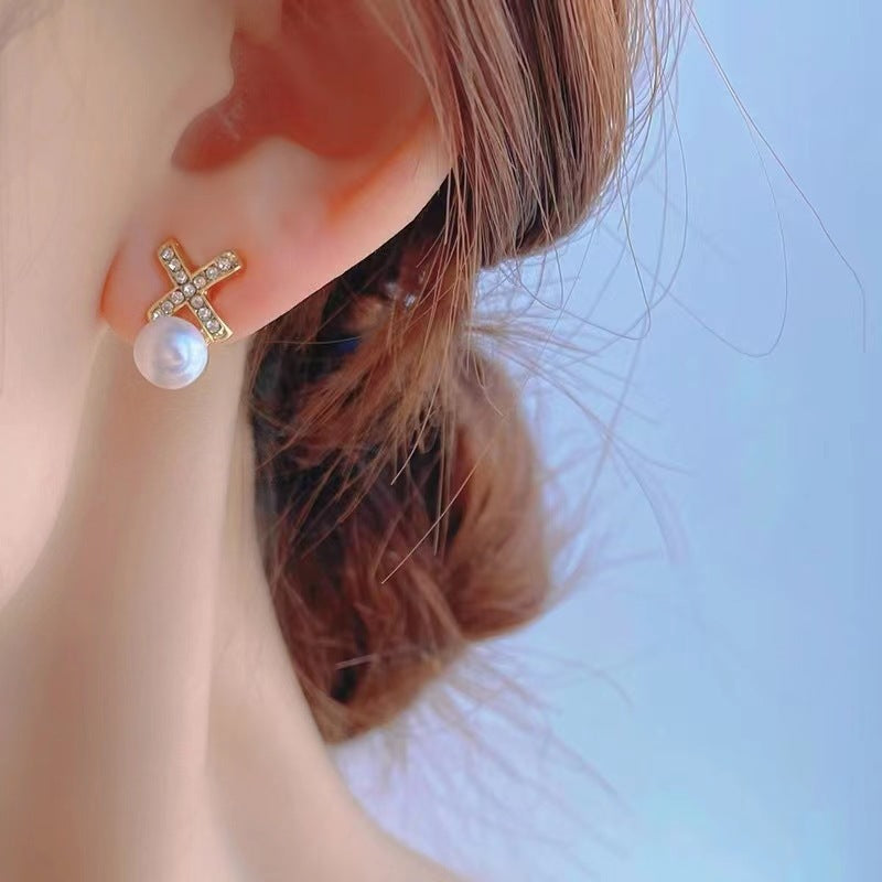 Sweet Pearl Studs Cross Earrings