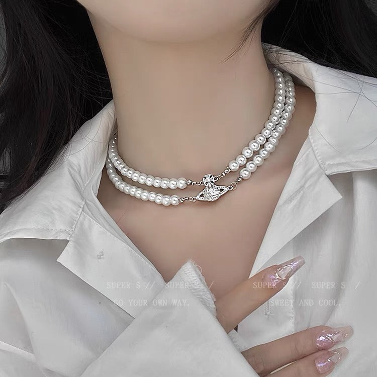 Double Pearl Saturn Magnetic Buckle Necklace