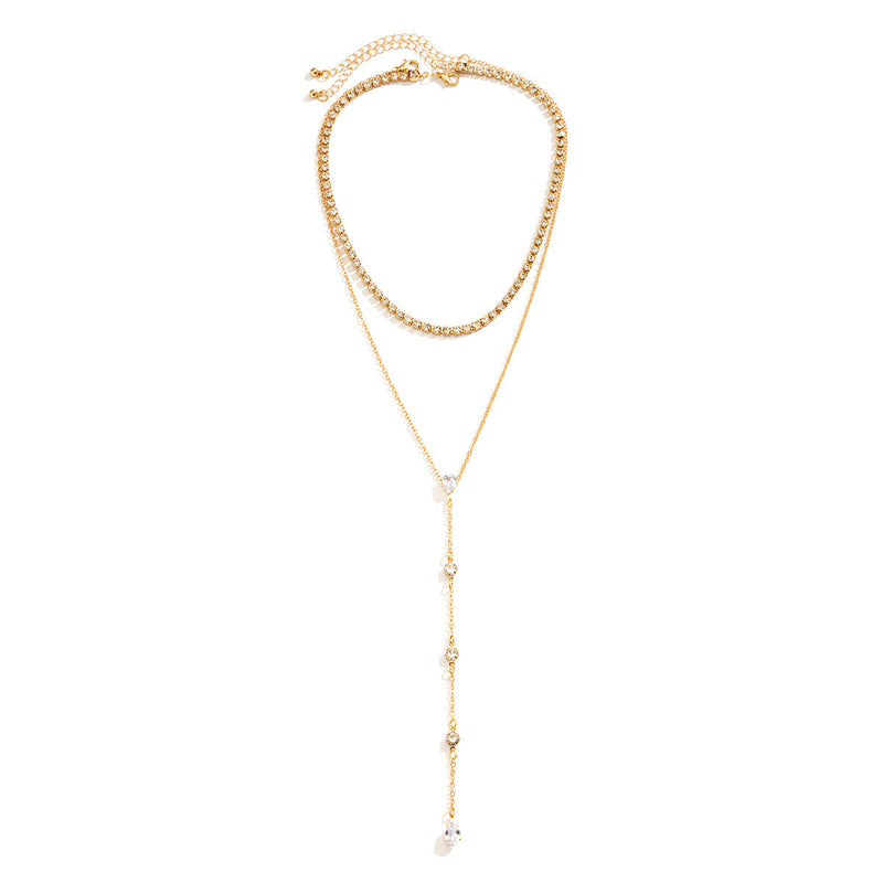 Double Layered Simple Pendant Necklace Long Tassel Zircon Charm Necklace