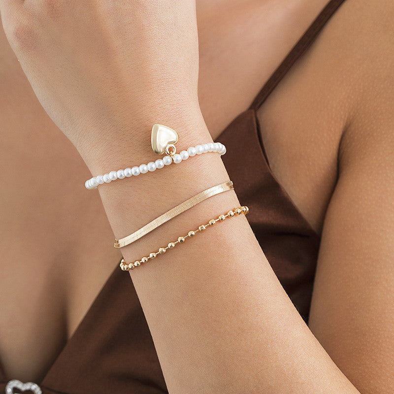 Heart Charms Pearl Beaded Bracelet Set