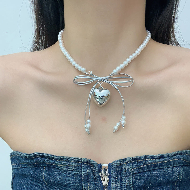 Heart Pendant White Imitation Pearl Bow Ribbon Choker Necklace for Women