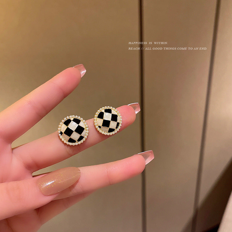 Black White Enamel Checkerboard Stud Earrings