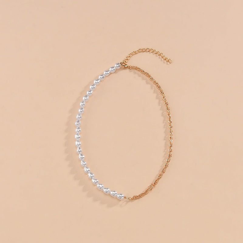 Chain Link Choker Necklace Half Pearl