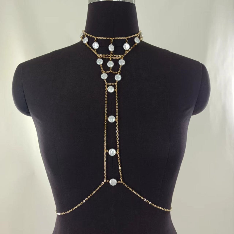 Layer Pearl Belly Chain Geometric Round Tassel Belly Chain