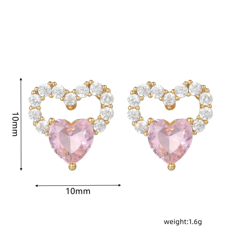 16 Pairs Pink Heart Stud Hoop Huggies Drop Earrings Set, 18K Gold Plated Stacking CZ & Pearl Designs, Planet Snowflake Moon Star | Cubic Zirconia