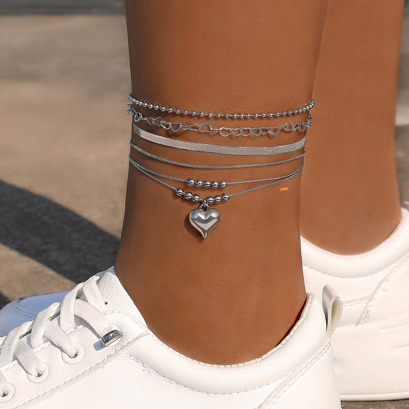 Heart Love Beaded Punk Chain Anklet Set