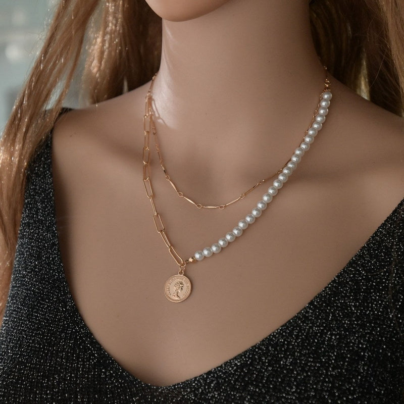 Punk Jewelry Imitation Pearl Coin Pendant Necklace