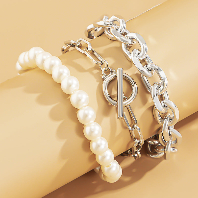 Women Pearl Bead Chunky Chain Bracelet Set