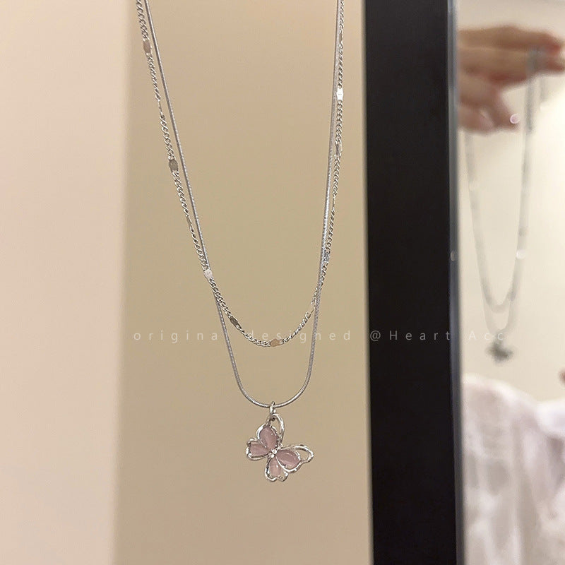 Strawberry Crystal Hollow Butterfly Pendant Necklace