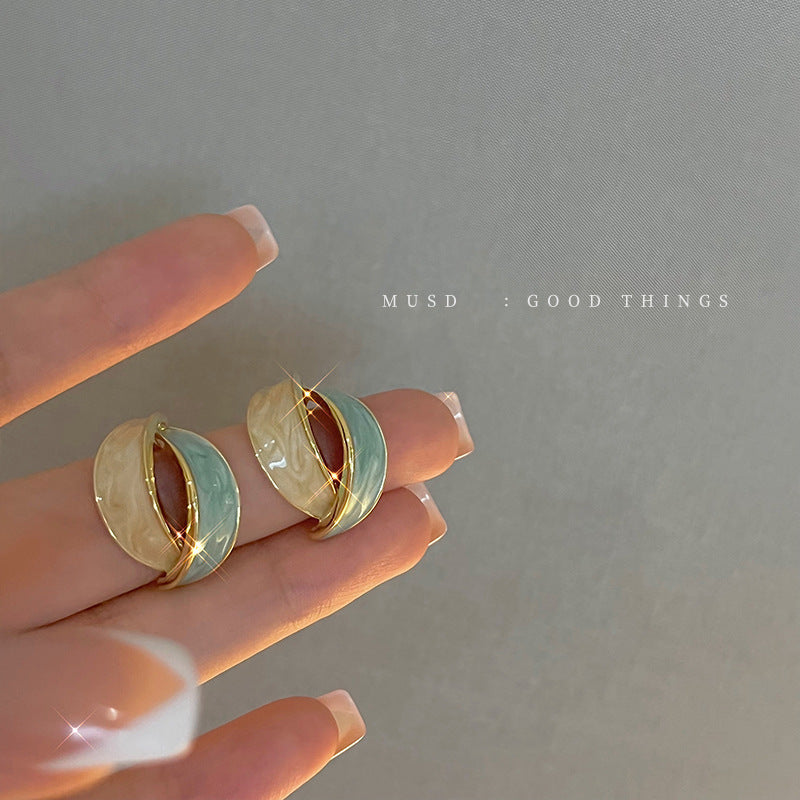 Enamel Green Blue Color Geometric Stud Earrings