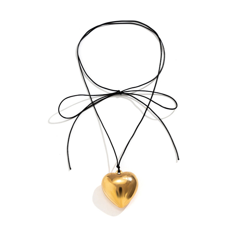 Elegant Goth Black Wax Line Love Heart Pendant Necklace