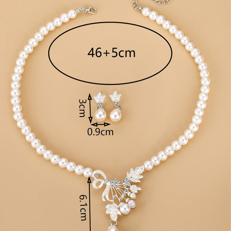 Vintage Pearl Flower Necklace Earrings Set