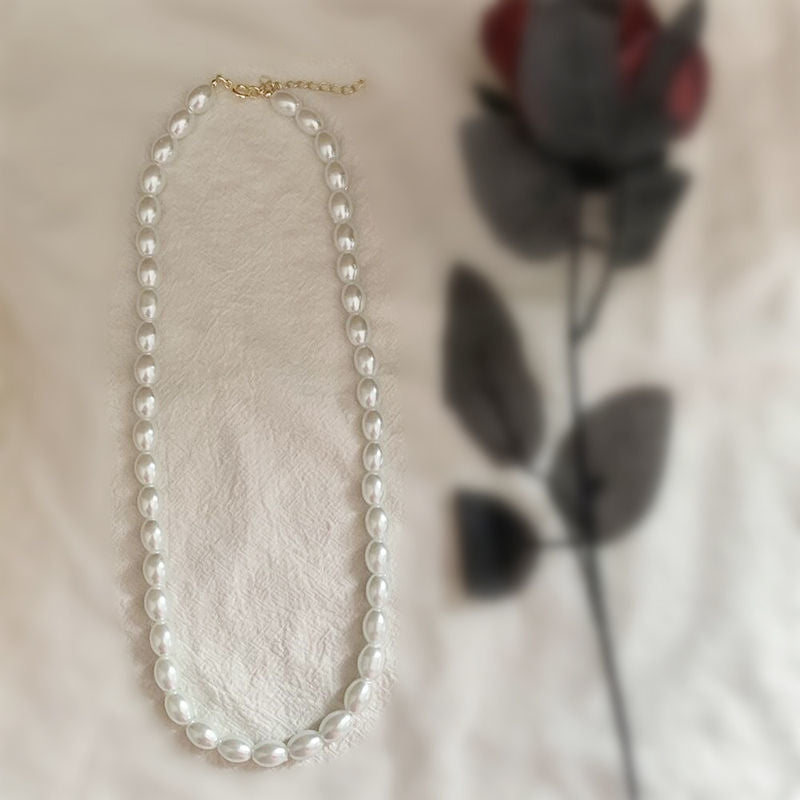 Oval Glass Pearl Chain Necklace