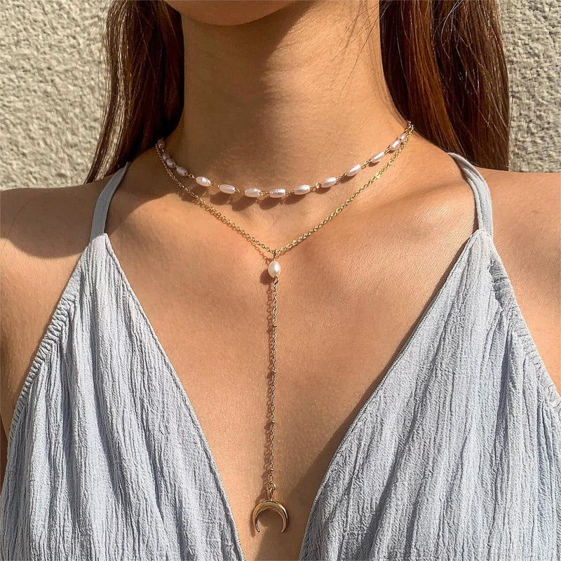 Women Pearl Bead Multi-layer Collarbone Chain Necklace
