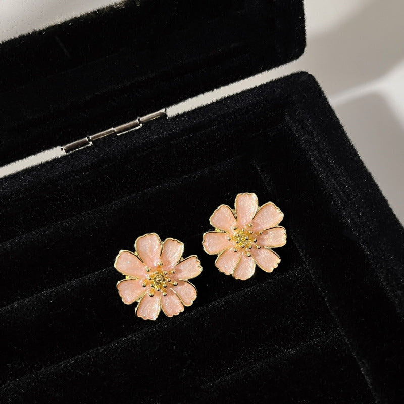 Pink Enamel Floral Stud Earrings