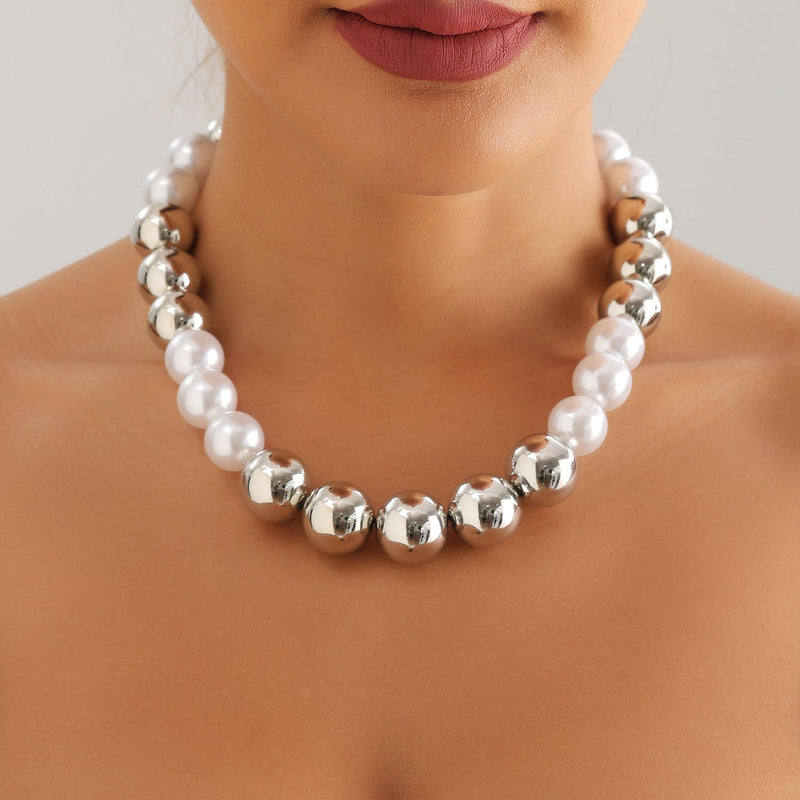 Round Beads Faux Pearl Beaded Necklace for Women